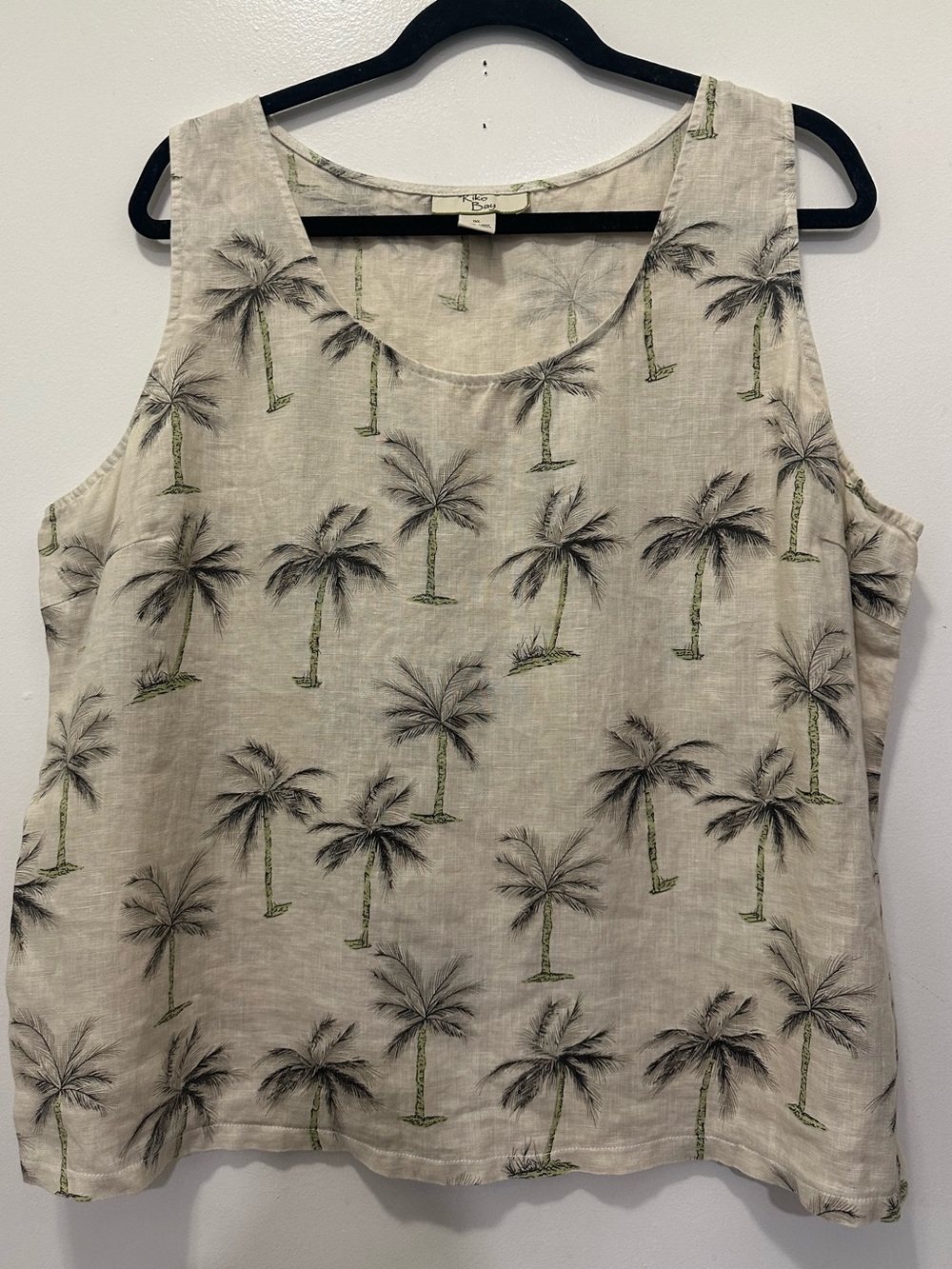 Kiko Bay Palm Tree Tropical Print 100% Linen Tank Top — Beige/Green Sz 1X